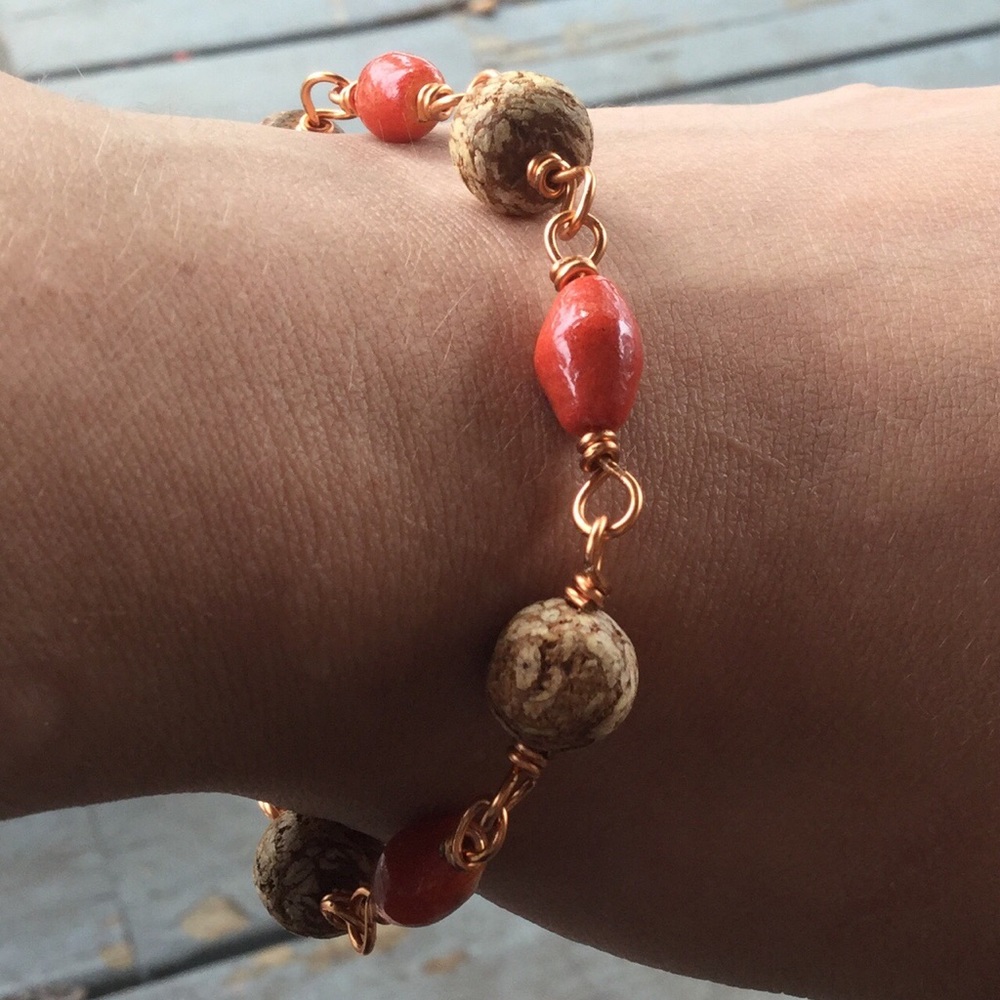 Handmade Mahogany, Limestone Apple Coral, and Copper Bracelet
